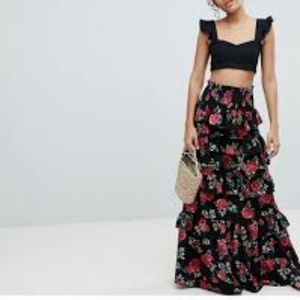 ASOS DESIGN Tiered Maxi Skirt in Floral, Size 14